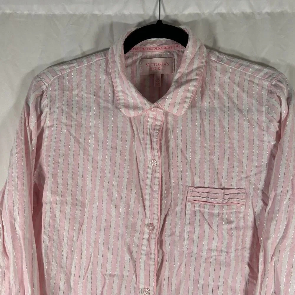 Victoria Secret Top Women's Medium Pink Striped Button Up Long Sleeve - Picture 2 of 9